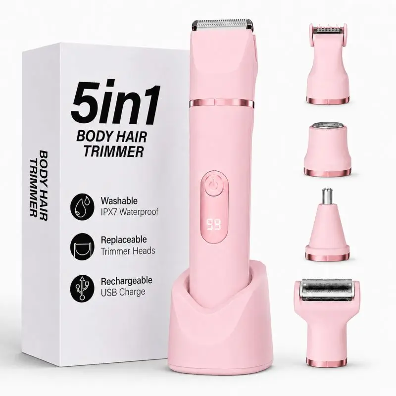 Bikini Trimmer for Women, 5-in-1 Body Hair Shaver &Rechargeable Cordless Pubic Hair Shaver,IPX7 Waterproof for Legs,Pubic,Underarm, 5 Replaceable Heads, USB Dock, Gifts for Women smart digital display