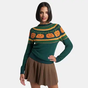 ModCloth Give 'Em Pumpkin To Talk About Fair Isle Sweater with Jack O Lantern Print - Green (XS-4X) Cotton Crewneck top Knit Long Sleeve pullover