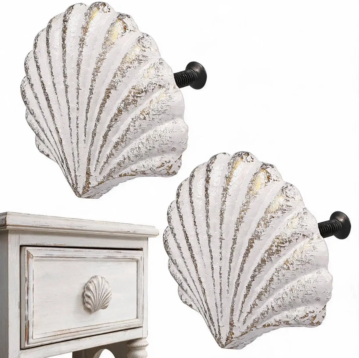 Iron White ashell Drawer Knobs, 2PCS Nautical Handle for Kitchen Furniture Cabinet Wardrobe Cupboard (6.50X6.50X5.00cm/2.55X2.55X1.97in)