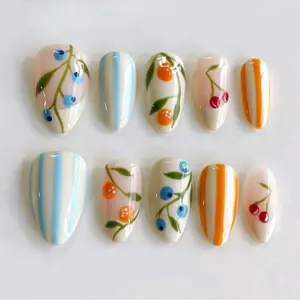 jasonj.nail Lemon Blue Check Press-On Nails, Hand-Painted Citrus, Leaf & Plaid Pattern Design, Fresh Summer Color Palette, Minimal Clean Aesthetic, Custom Handmade Nail Set