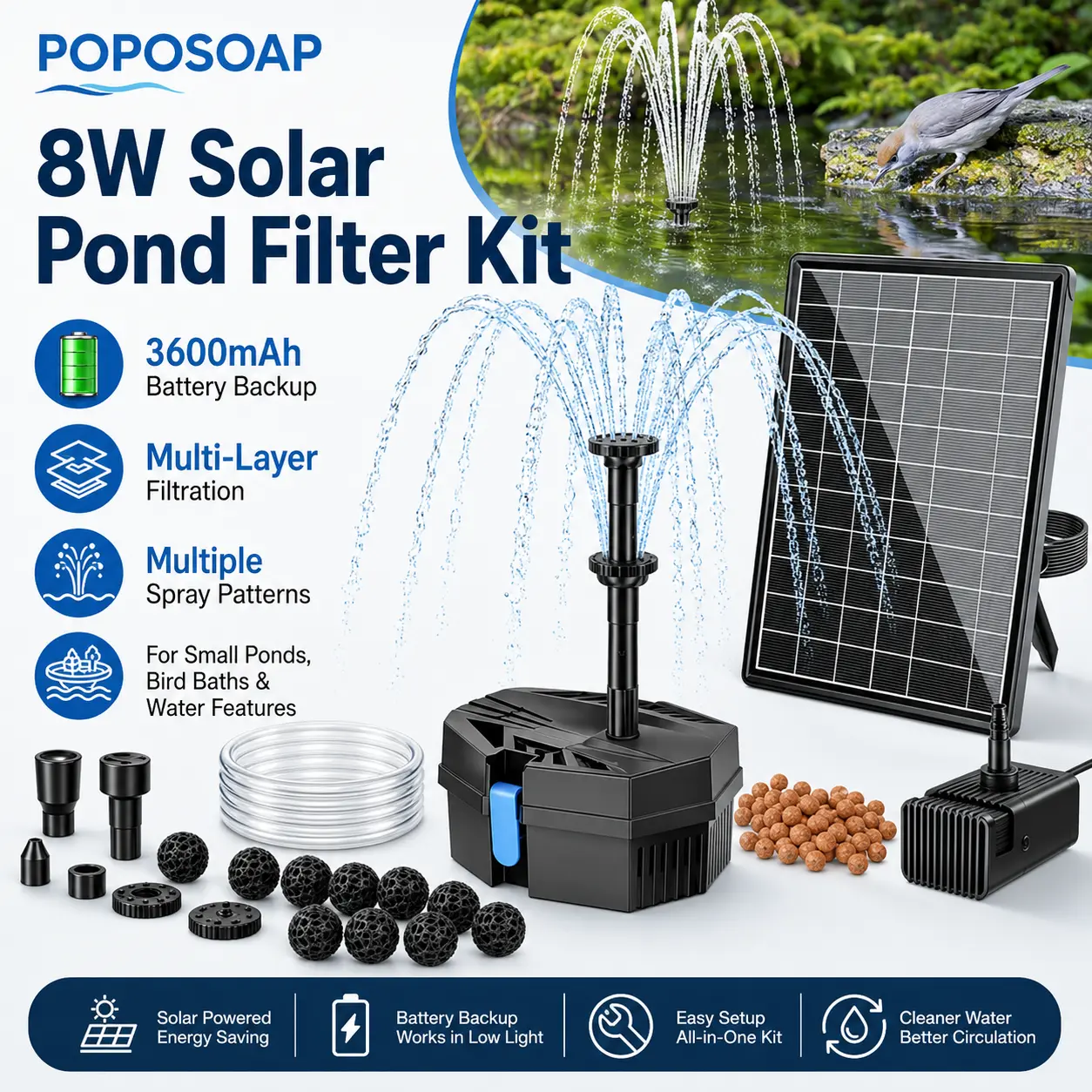 POPOSOAP 8W Solar Pond Filter Kit with 3600mAh Battery Backup, Multi-Layer Filtration System, Solar Water Pump & Pond Water Filter for Koi Pond, Fish Pond, Water Garden, Backyard DIY Pond, Outdoor Water Feature & Garden Projects Ceramic Rings Bird Bath