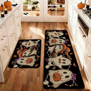 Set of 2 Halloween Kitchen Mats , Bat Pumpkin Broom Ghost Design, Non-Slip Low Height, Party Floor Mat Home Kitchen Decoration