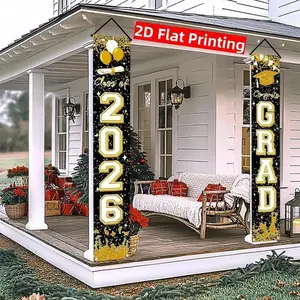 【graduation2026】2D Plan 2026 Graduation Decoration Black and Gold Congratulations 2026 High School and University Graduation Party Decoration Porch Logo Banner 12x70.8 inches No electricity required, 2D Plan 180x30cm