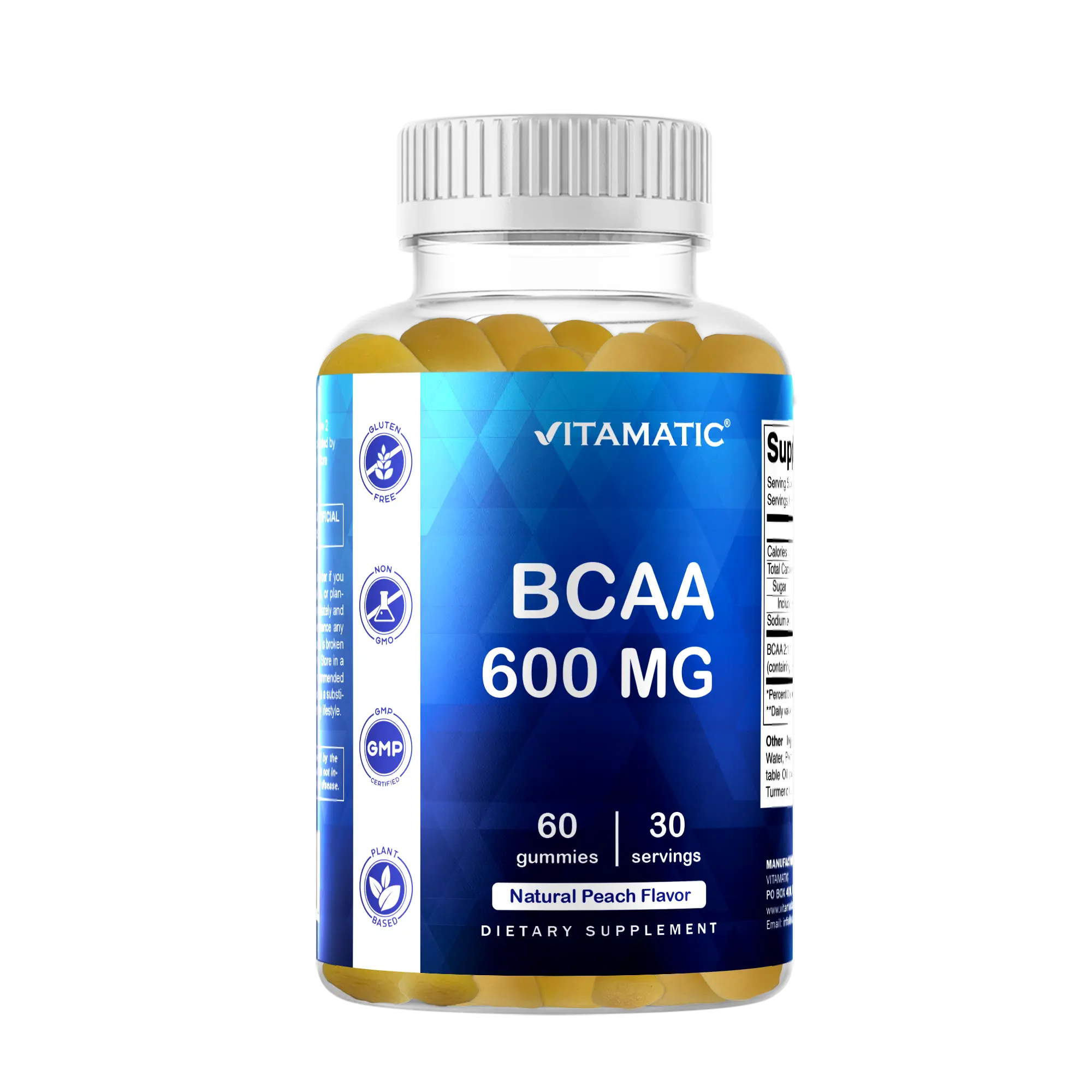 Vitamatic BCAA Gummies - 600mg Chewable Branch Chain Amino Acid Dietary Supplement, Gluten-Free, Peach Flavor, 60 Vegan Pectin-Based Gummies for Healthcare Support