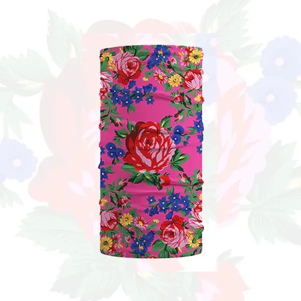 Kokum Floral Art Bandana - Vibrant Pink with Red Roses and Blue Flowers Design for Stylish Headwear