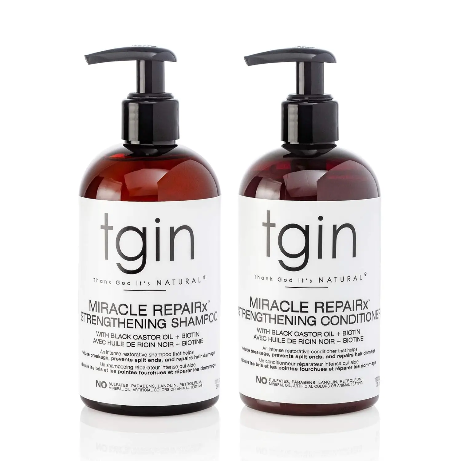Tgin Miracle Repairx Strengthening Shampoo & Conditioner Bundle - Unisex Sulfate-Free Black Castor Oil Repairing Haircare Cleanser, Nourishing & Smoothing Formula for Damaged Hair