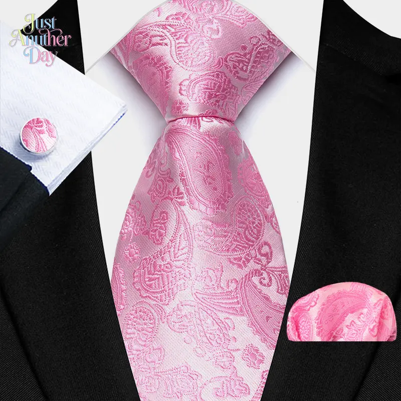 3-Piece Paisley Necktie Set, Men's Jacquard Woven Pink Tie with Matching Pocket Square & Cufflinks, Formal Suit Accessory
