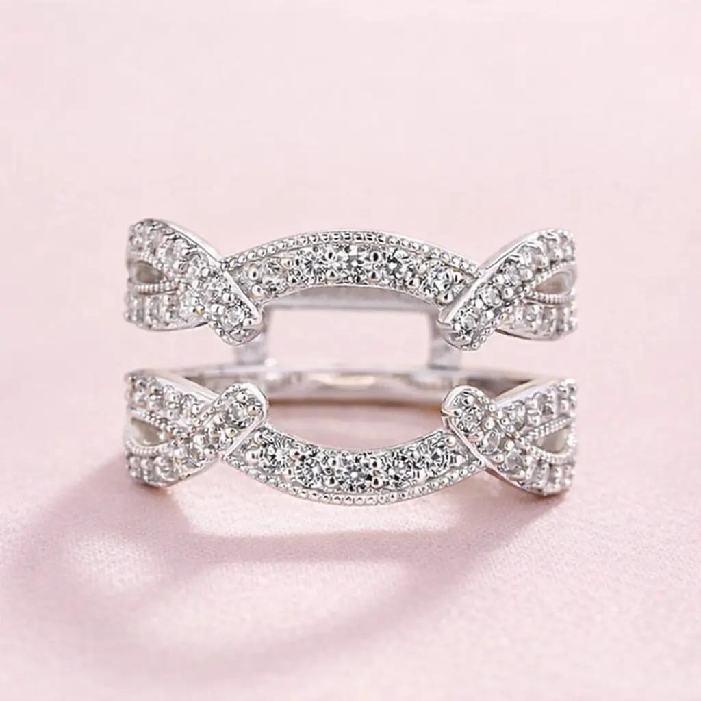 MAXINEJEWELRY Lab-Created Moissanite Jacket Ring, 18K White Gold Plated 1.0ct Gem Wedding Enhancer Band