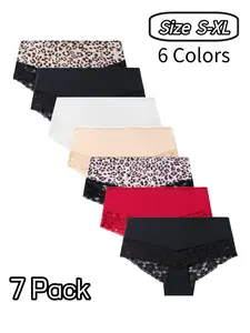 Women's Leopard Print Lace Underwear Set, Soft Breathable Fabric, Fitted Design, All-Season Comfort, 7-Piece Pack