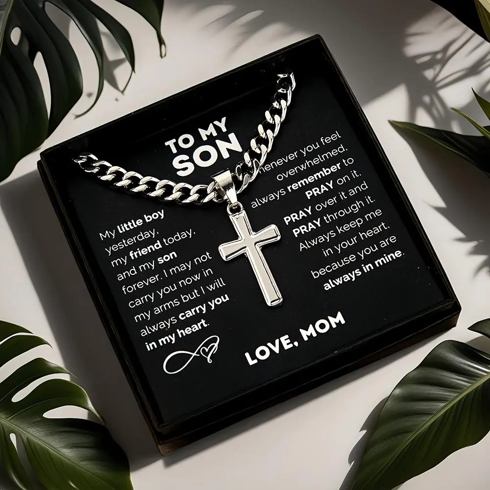 1pc Personalized Coated Metal "To My Son" Stainless Steel Cross Pendant Necklace - Men's Accessories, Teen Boy Gift for Him, Daily Wear, Birthday Present with Card and Gift Box Packaging, Gifts For Him summerwins,summerwins