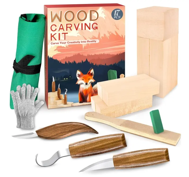 Wood Carving Kit, Whittling Kit for Beginners 17PCS Wood Carving Tools with 3PCS Whittling Knife 9PCS Basswood Blocks & Gloves & Strop Block & Polishing Compound Wood Carving Set Hobbies for Adults