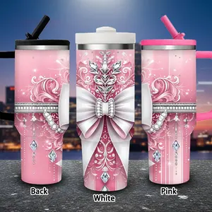 1 pc 40 oz elegant pink bow tumbler with sparkling jewels and an ornate design, insulated travel mug with lid and straw—ideal as a gift for women and men, perfect for Valentine’s Day, Easter, or birthdays; suitable for iced or hot coffee