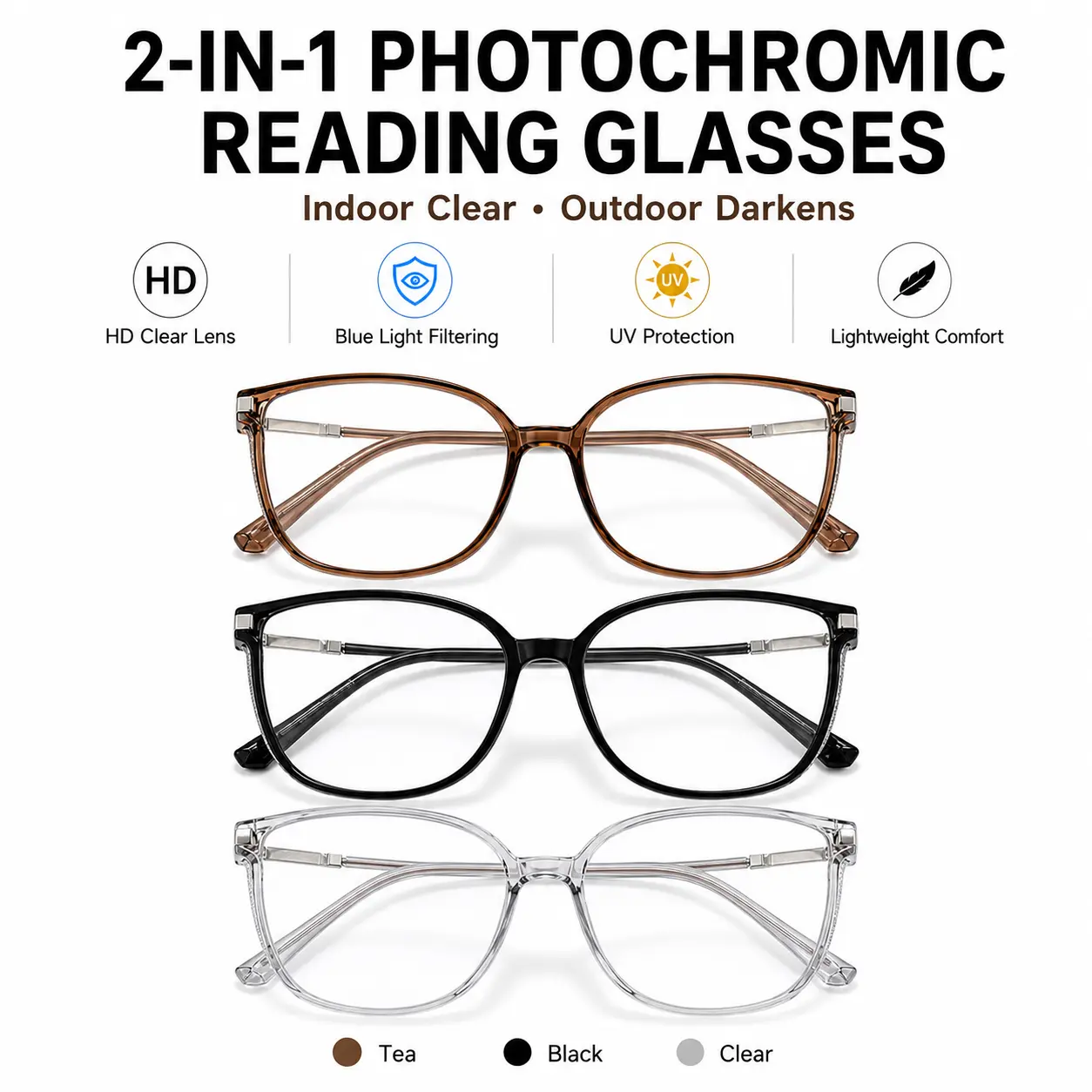2-in-1 Photochromic Reading Glasses for Men & Women, Indoor Clear Outdoor Darkening Readers, Blue Light Filtering HD Lenses, UV Protection Lightweight Square Eyewear