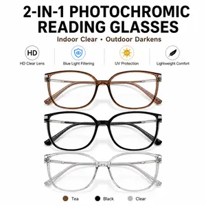 2-in-1 Photochromic Reading Glasses for Men & Women, Indoor Clear Outdoor Darkening Readers, Blue Light Filtering UV Protection, Lightweight Square Frame Eyewear