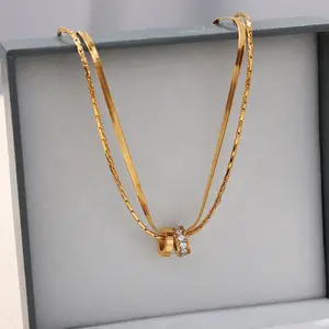 "Double Layer Golden Necklace for Women, Interlocking Rings Pendant with Cubic Zirconia, Elegant Golden Plated Chain, Minimalist Luxury Jewelry Gift Trending on TikTok"
