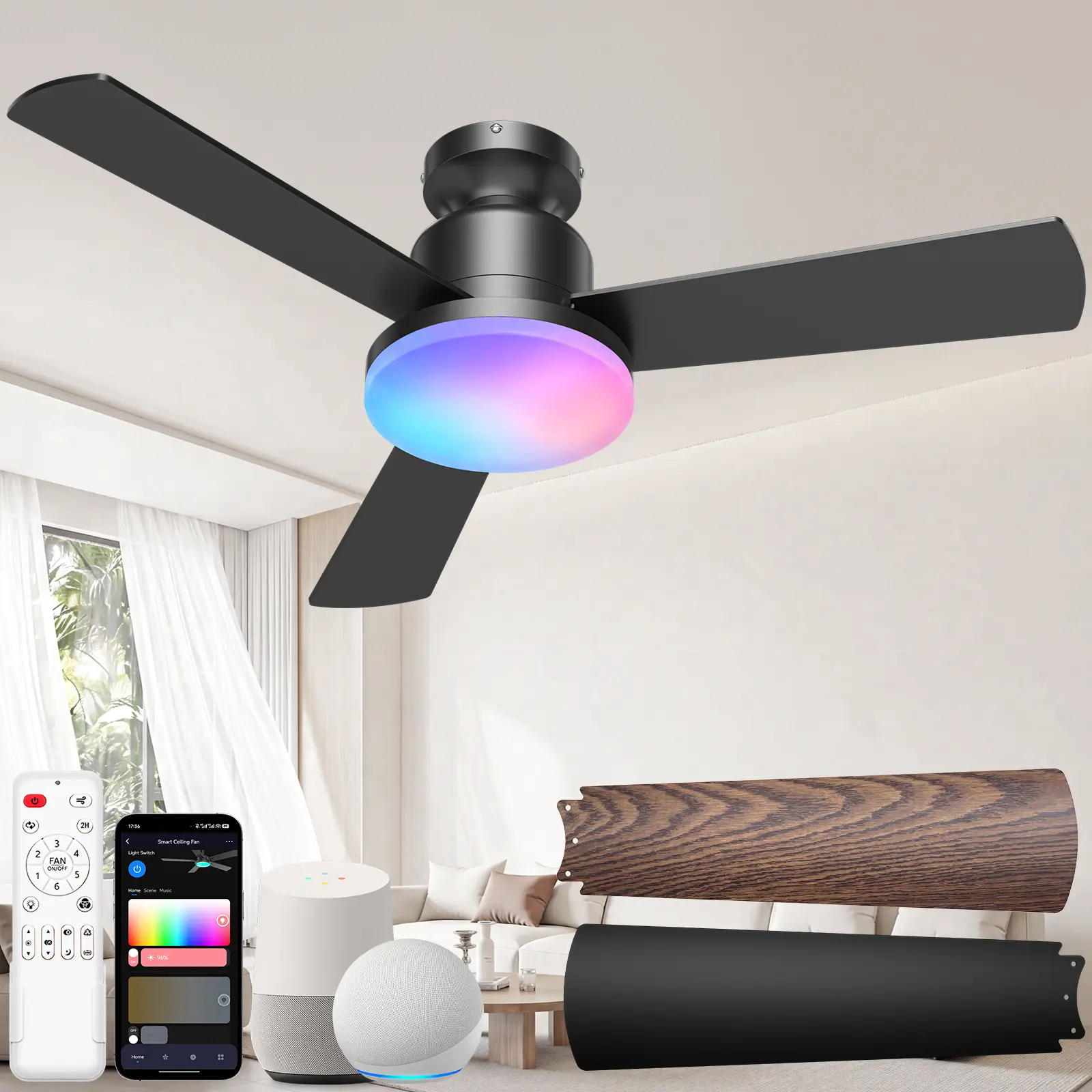 CINOTON Ceiling Fans with Lights, 42 inch Sleek Ceiling Fan with Light and Remote Control, 6 Speeds, Dimmable, Reversible, Noiseless, Black Ceiling Fan for Bedroom, Living Room