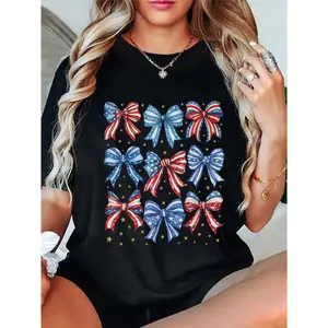 100% Cotton 4th of July Shirts for Girls Coquette Bow Women American T-Shirt Breathable Fabric