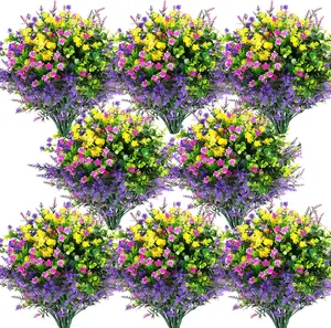 12/24 Pcs Artificial Outdoor Flowers, UV Resistant Faux Plants, Fake Plastic Flowers for Hanging Planters, Porch, Window Box, Garden, Home Wedding Decor, Fuchsia Purple Yellow Green