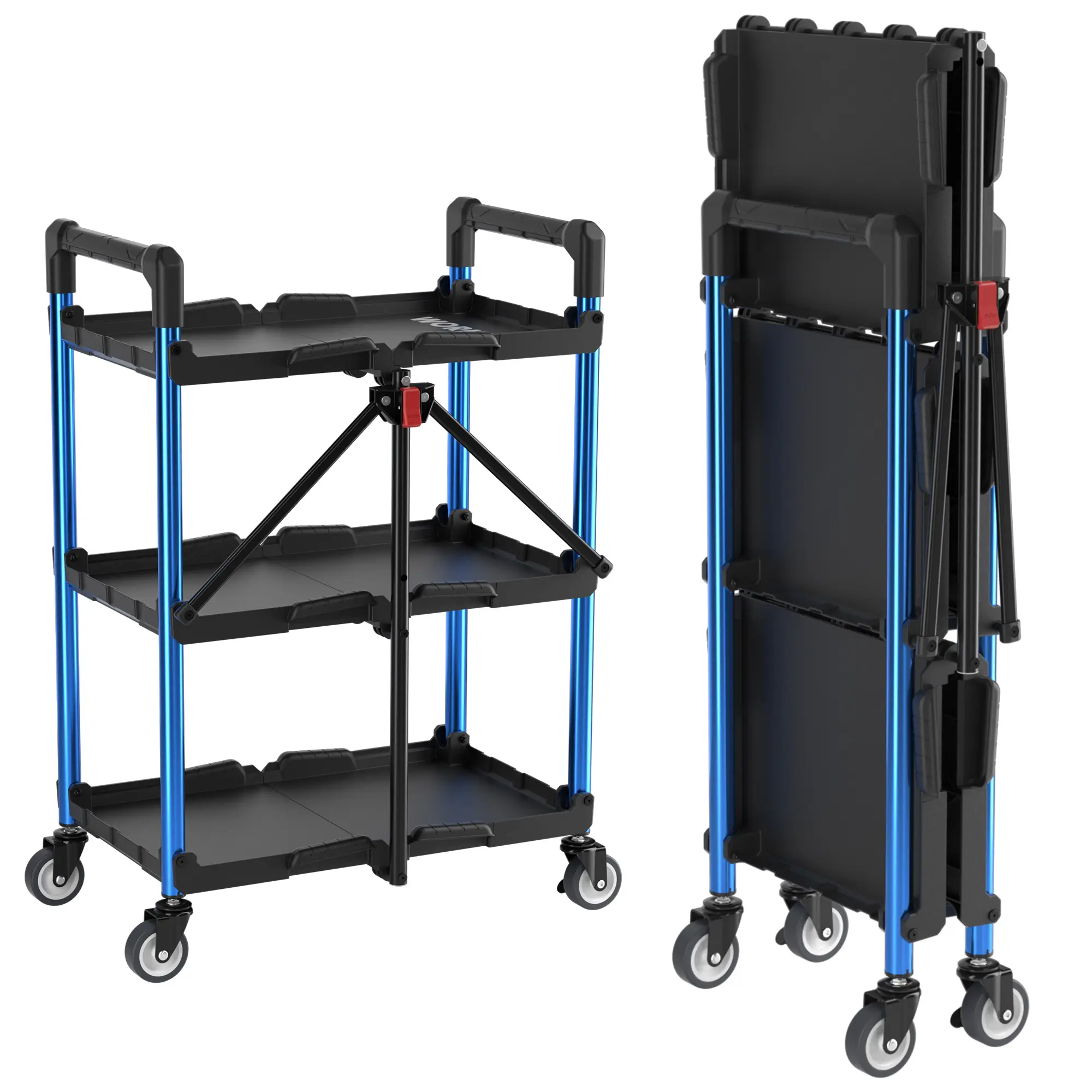 #backtoschool WORKPRO 3-Tier Collapsible Service Cart, 210 LBS Foldable Utility Service Cart with Wheels, Portable Tool Cart for Garage, Warehouse, Home, Restaurant, Office (No Assembly Required)