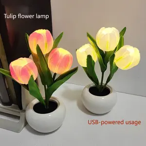 Tulip Night Light Simulation Flower Bouquet, Bedroom Bedside Decor Atmosphere Ornament, Home Decoration Fake Flowers with Lights, Led Mood Light