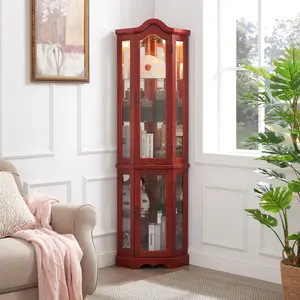 Curio Cabinet Lighted Glass Display Curio Cabinet w/Tempered Glass Doors and Shelves, Crown Corner Cabinet with Bulb, Corner Storage Decoration for Living room and Bedroom