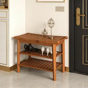 Waterproof Wooden Shower Bench, Ergonomic Shower Stool with Storage Shelf, Non-Slip Safe Spa Bathroom Seat for Elderly Seniors Disabled, Brown