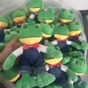 Cute Frog Plush Toy in Denim Overalls with Bow Tie