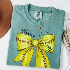 [Custom] Comfort Colors Softball Number Shirt, Softball Bow Tee, Personalized Softball Player Shirt, Softball Fan Gift, Sports Mom, Game Day
