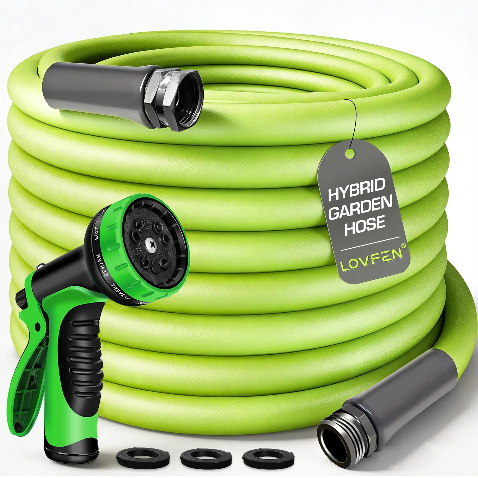 LOVFEN 75Ft 5/8 Inch x 150 PSI Flexible Leakproof Rubber and Plastic Garden Hose| Durable Green Hose for Home, Outdoor, Lawn, Patio| Safe Drinking Water, American Standard Threaded Connections