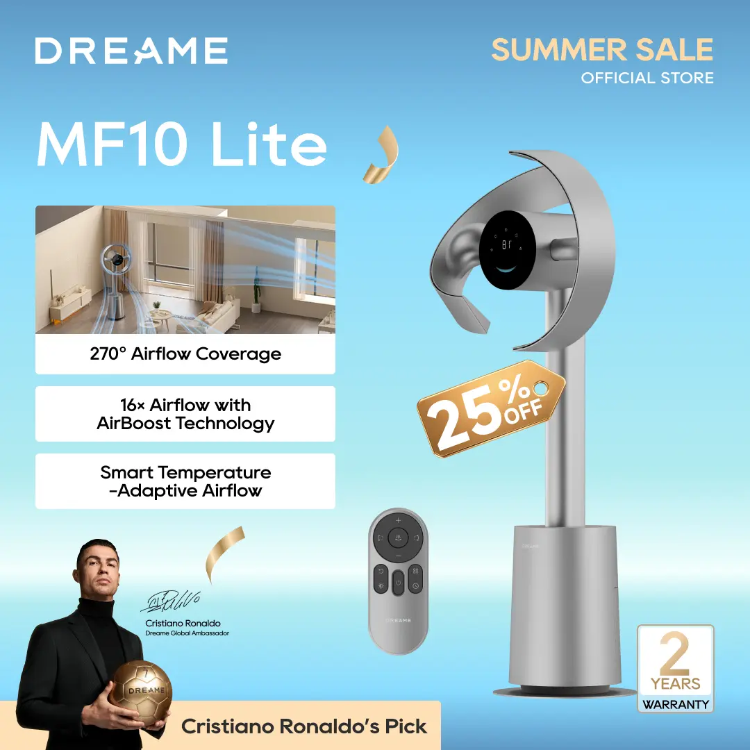 DREAME MF10 Bladeless Tower Fan with 270° Whole-Room Air Circulation, Smart Standing Fan with TempSync, AirBoost Technology, 10 Speeds, 3 Modes, Washable Filter,dorm essentials,home essentials
