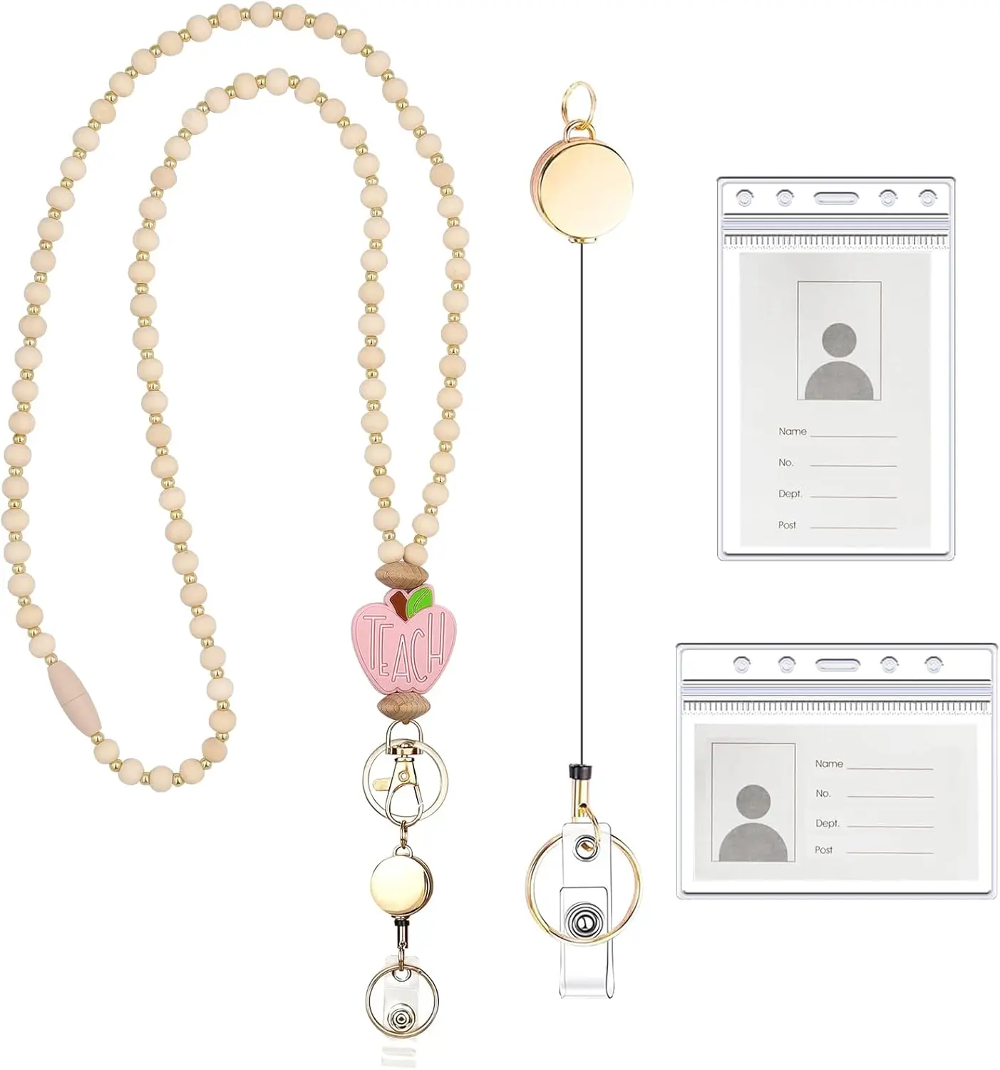 2025 Teacher Lanyard with ID Holder, Retractable Fashion  Beaded Lanyard for Key, Cute  Wooden Beaded for Women