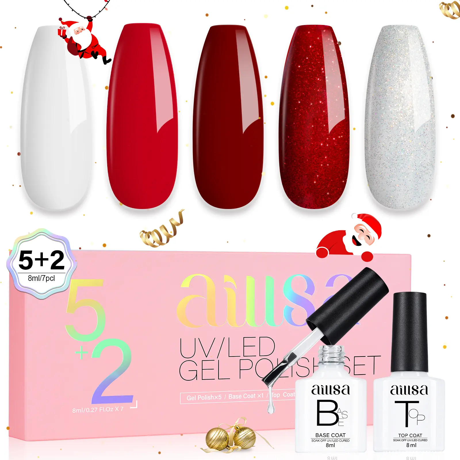 AILLSA 7PCS Gel Nail Polish Set - 5Colors Glitter, White, Red, Base & Top Coat for DIY Manicure & French Tips - Long-Lasting Shine, Natural Application, Perfect Gift for Women & Girls - Cutics, French Tips Gel