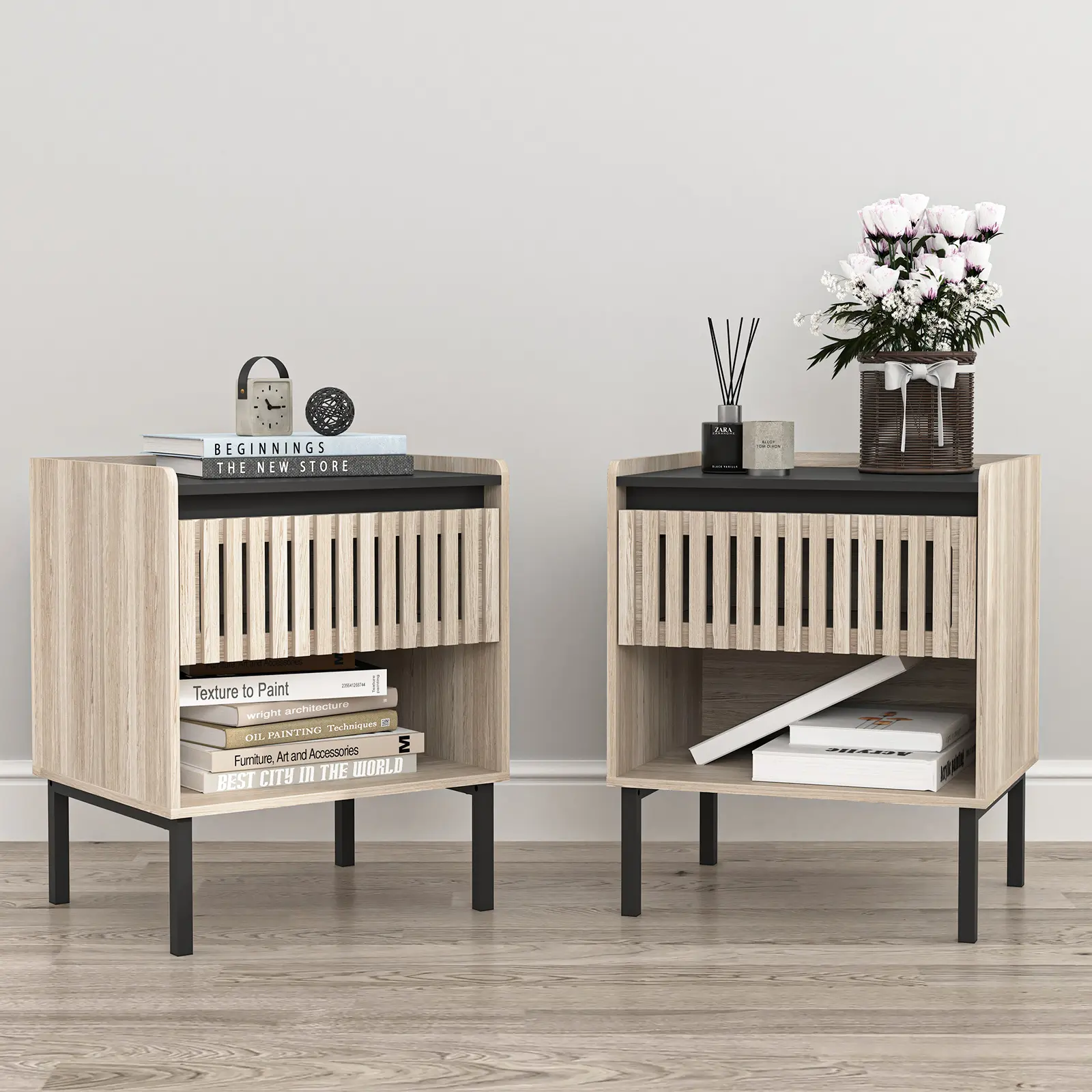 Spaco 2-Piece Modern Boho Khaki MDF Wood Bedroom Nightstands - Compact 2-in-1 Indoor Accent Tables with Fence Doors, Open Storage, Stainless Steel Legs, Assembly Required, Numbered Accessories, Small Spaces, Metal Legs