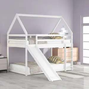 Twin Bunk Beds Wood House Bunk Bed Twin Over Twin, Bunk Bed with Slide and Roof