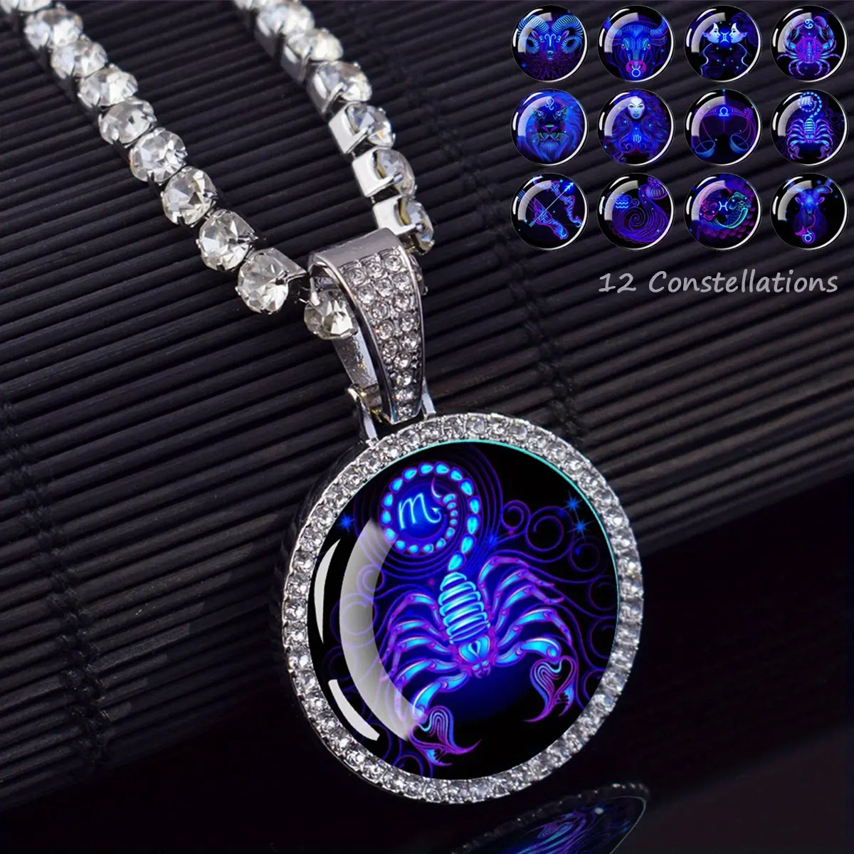 Unisex 1pc Constellation Character Chain Necklace - Glass Dome Rhinestone Pendant, 12 Zodiac Options (Aries, Scorpio, Leo, Virgo, Pisces, Capricorn), Daily Fashion Astrology Jewelry, Birthday Gift, Rhinestones, One-Piece