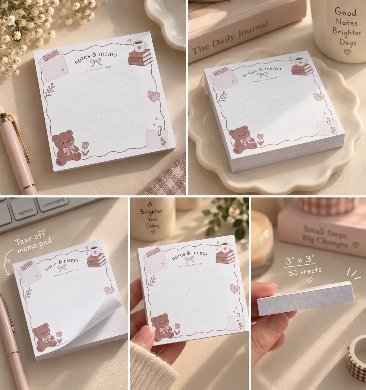 Little note bear Memo Pad, 50 Sheets – Lined Tear-Off Notepad for Notes, School, Office & Desk – Mauve Kawaii Design