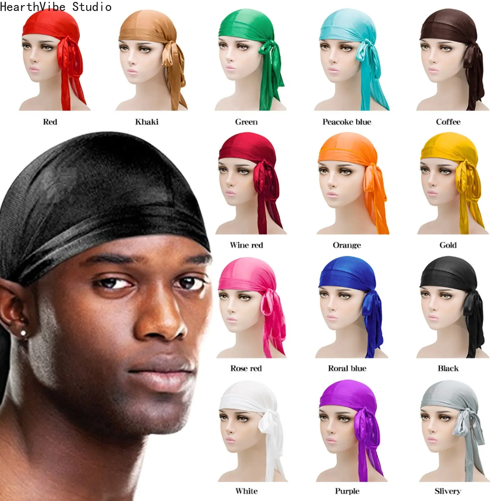 Men's Silky Satin Durag with Extra Long Tails & Wide Straps, Streetwear Hair Care Cap with Outside Seam for 360 Wave Compression
