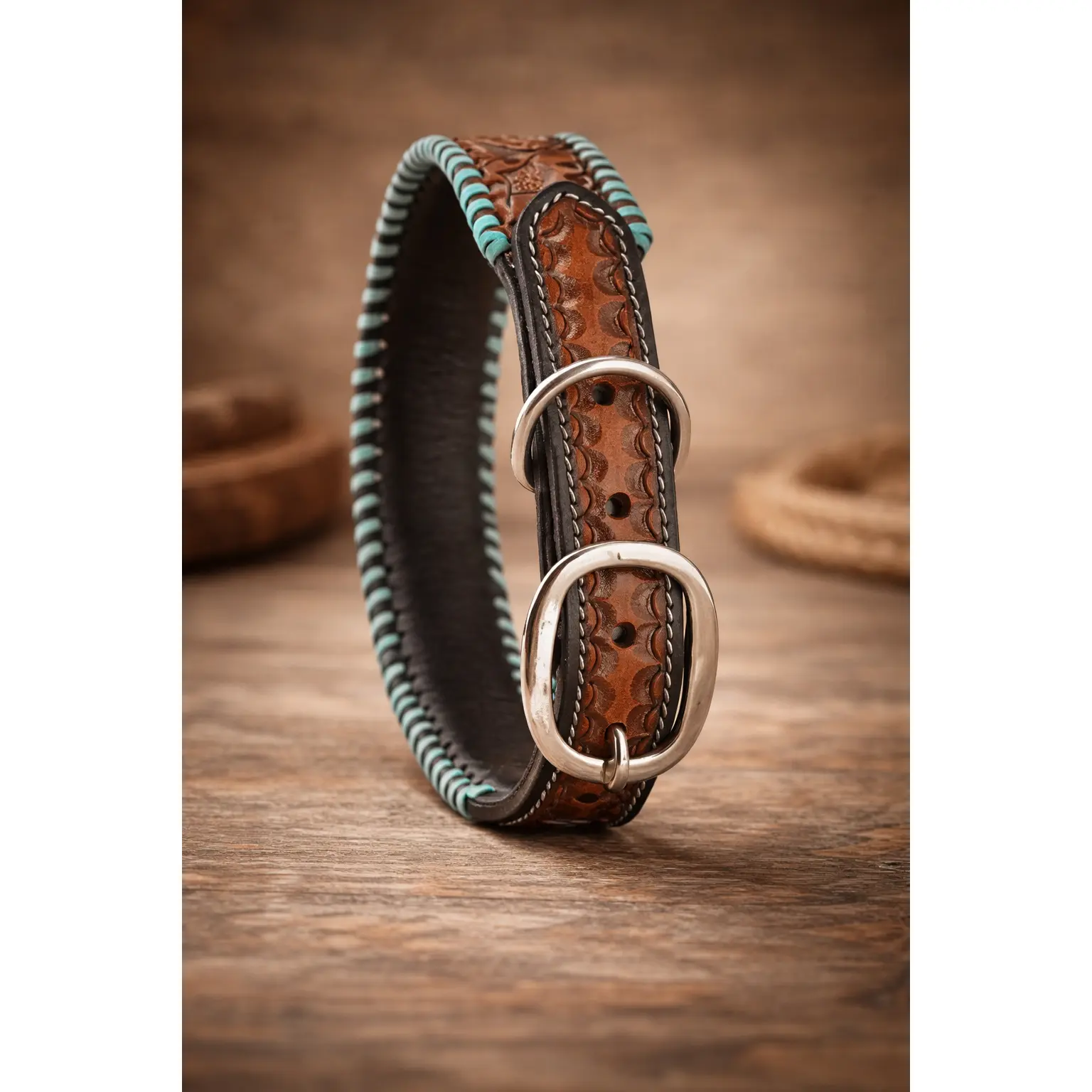 Western Floral Embossed Leather Dog Collar - Adjustable Strap, Premium Craftsmanship Pet Accessory for Dogs