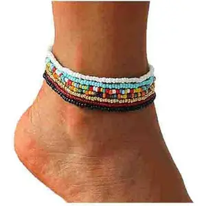 Boho Handmade Beaded African Anklets Multicolor Women Stretch Seed Beads Rainbow Ankle Bracelets Glass Bead Bracelet Elastic Foot and Hand Chain Jewelry (7pcs)