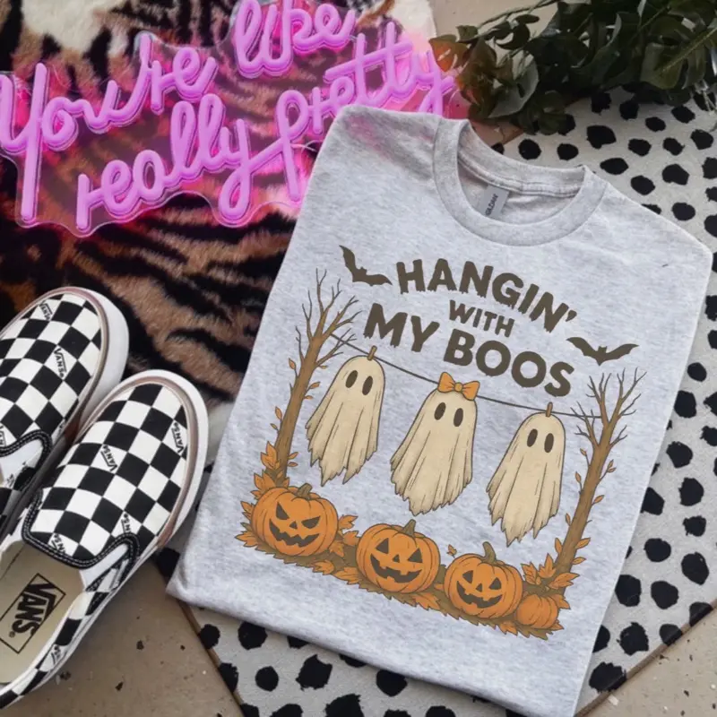 Hangin’ With My Boos Bleached Shirt -  Comfy Unisex Jersey Shirt - Bleached Graphic Tee Design, Random Bleaching, True-to-Size Fit, 35% Cotton 65% Poly - Fabric Vintage Love