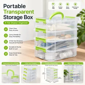 Stackable large-capacity transparent plastic storage box with lid and handle, Home Storage Supplies, Home Organizer, compartmentalized drawers suitable for building blocks, hair accessories, jewelry, household, office, easy-grip