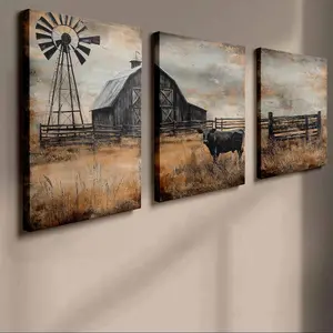 Farmhouse Themed Canvas Painting with Frame, 3 Counts/set Vintage Style Farmhouse Pattern Wall Art, Wall Decor for Home Living Room Bedroom Office, Ornaments