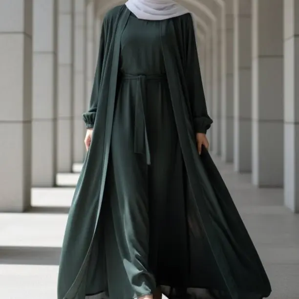 Textured Nida Zoom Open Abaya, 3-Piece Belted Muslim Dress Set for Women with Inner and Pockets, Modest Loose Fit Islamic Clothing, Muslim Dresses, Muslim Clothing