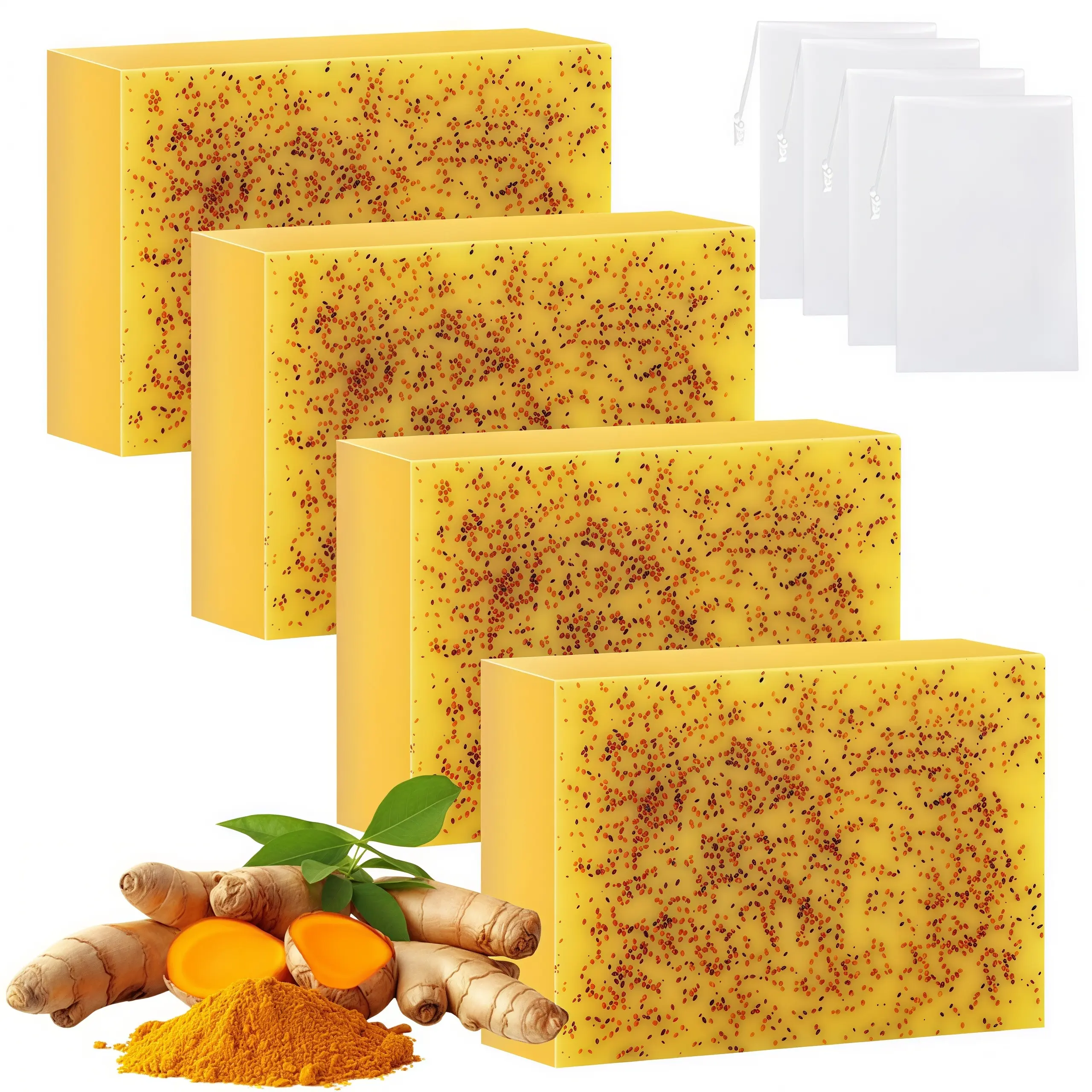 LMMAKE 4PCS Lemon Turmeric Kojic Acid Body Wash Soaps - Gentle, Nourishing Gentle, Deep Cleanse Dual Brightening & Exfoliating Natural Soaps for Face & Body, Daily Shower Use for Men & Women
