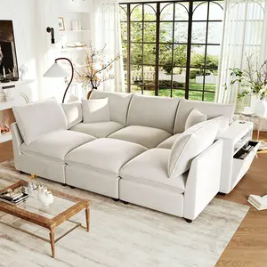 Eyisean 93.7" Modern Modular Sectional Sofa Bed, U-Shaped Comfy Cloud Couches with Storage Armrests & USB Ports, L-Shaped Upholstered Chenille Sofa with Movable Ottoman, for Living Room, Apartment