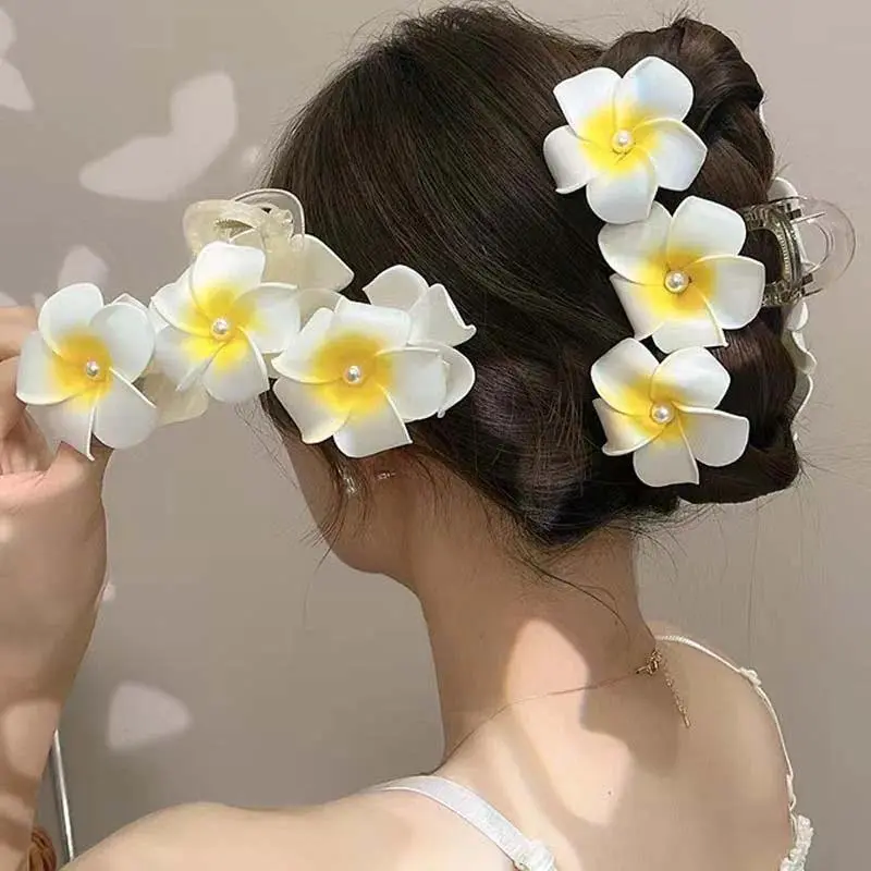 2025 New Bohemian Yellow Plumeria Flower Pearl Headdress Hair Clip Claw Women Girls New Grab Back Of The Head Hair Accessory