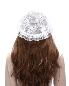 Mantveil Catholic Church Head Covering Floral Lace Mantilla Chapel Cap Hair Veil Small Round Mass Veil for Women (White)