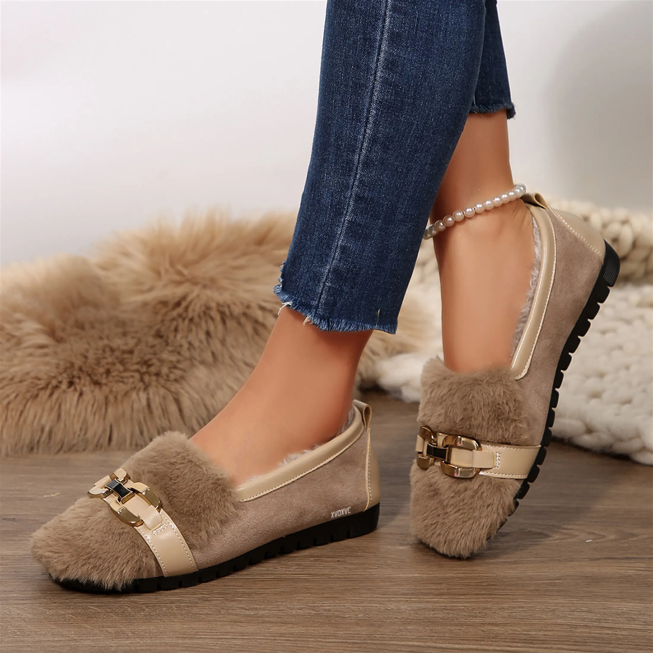 Women's Winter Plush Loafers Warm Plush Lined Slip-On Shoes with Stylish Metal Buckle, Comfortable Non-Slip Sole for Office & Daily Casual Wear