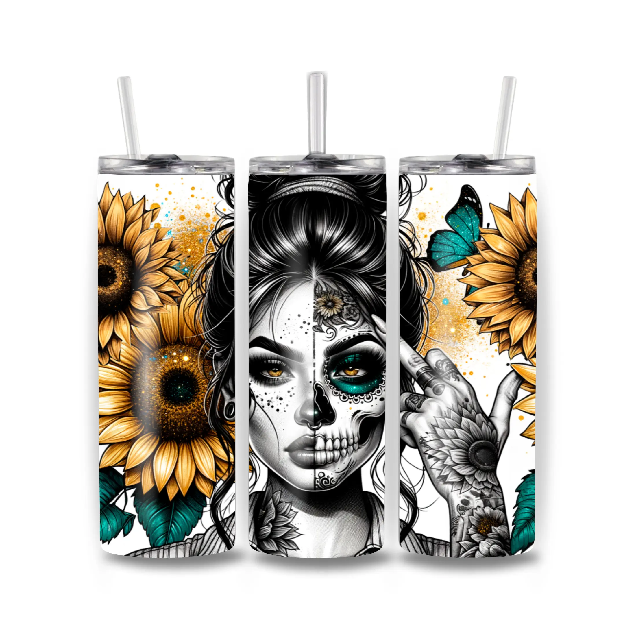 20oz Insulated Sugar Skull Sunflowers Tumbler - Double Wall Insulated Mug Water Bottle with Sliding Lid and Straw, Reusable Kitchenware Drinkware Cup, Insulated Mug Tumbler Water Bottles