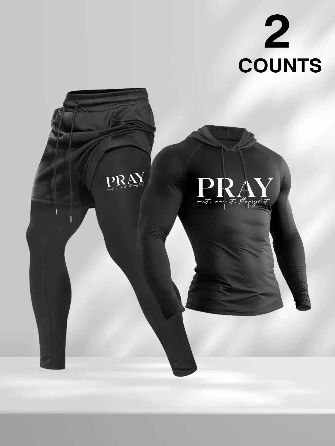 Men's 2 Piece Hooded Workout Set - Compression Long Sleeve Top & 2-in-1 Gym Shorts with Leggings, 'PRAY' Graphic Athletic Tracksuit, Exercise Clothing Set, Ideal for Bodybuilding, Jogging, Fitness Clothes